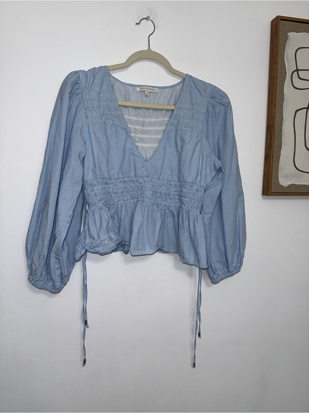 Smocked V-Neck Peasant Blouse in Light Blue